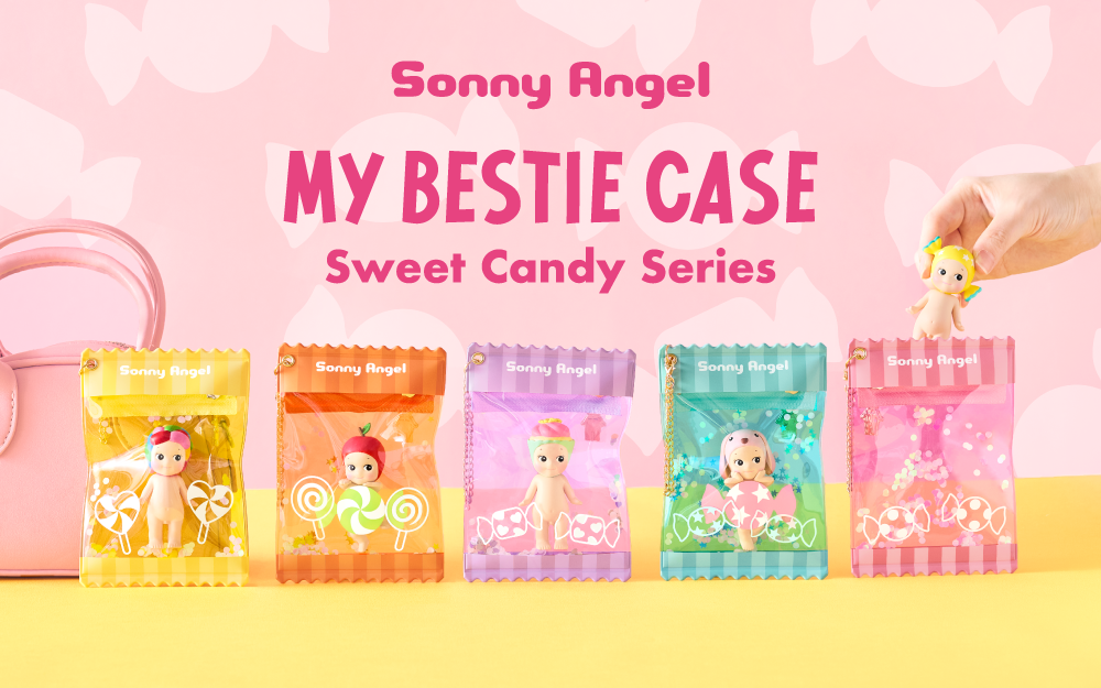 Sonny Angel 'My Bestie Case' Sweet Candy Series packaging on a pink background