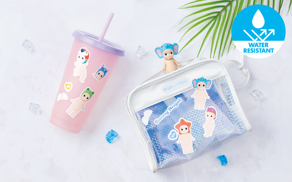 sonny angel sticker pack series 1 lifestyle image featuring stickers from the marine and animal packs on a plastic water bottle and vinyl pouch. Illustrated element reads WATER RESISTANT.